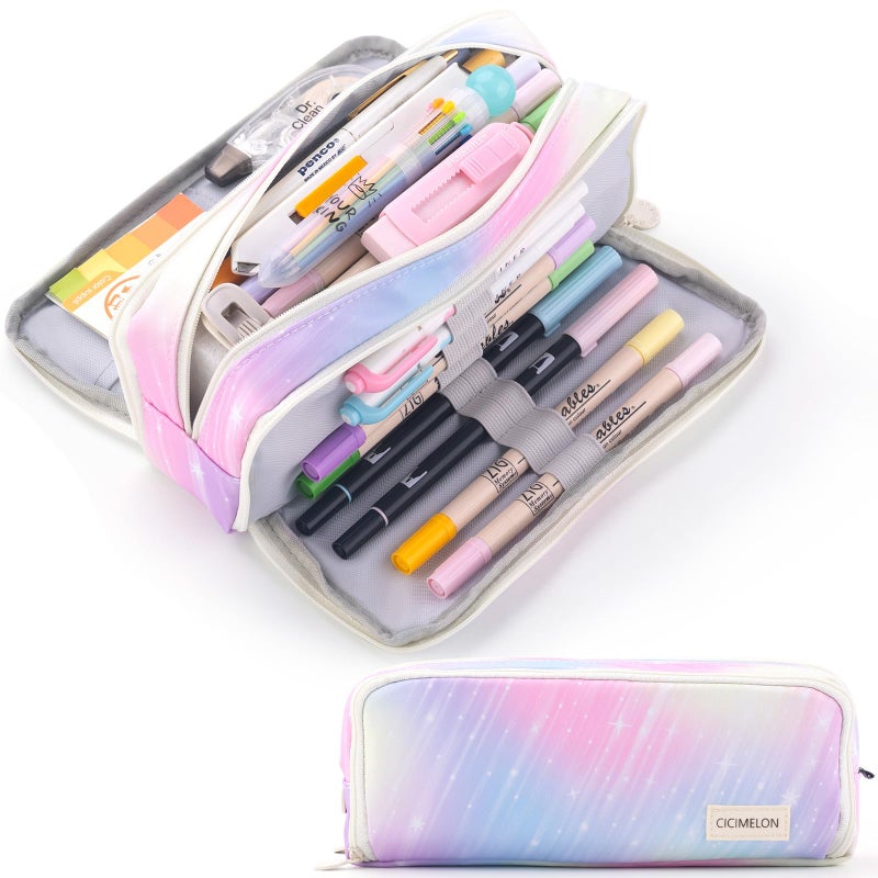 CICIMELON Large Capacity Pencil Case 3 Compartment Pouch Pen Bag for School Teen Girl Boy Men Women Meteor