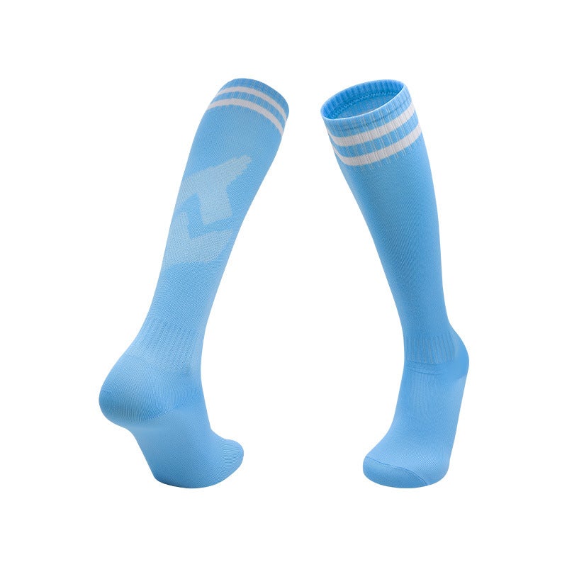 Adult Thin Striped Football Socks High Tube Sports Lake blue 