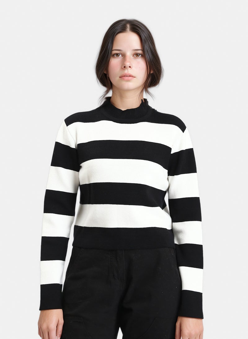RAVIN Women Bi Tone Awning Striped Pullover Black White - Image 1