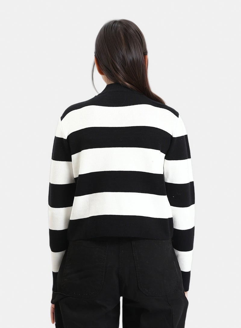 RAVIN Women Bi Tone Awning Striped Pullover Black White - Image 2
