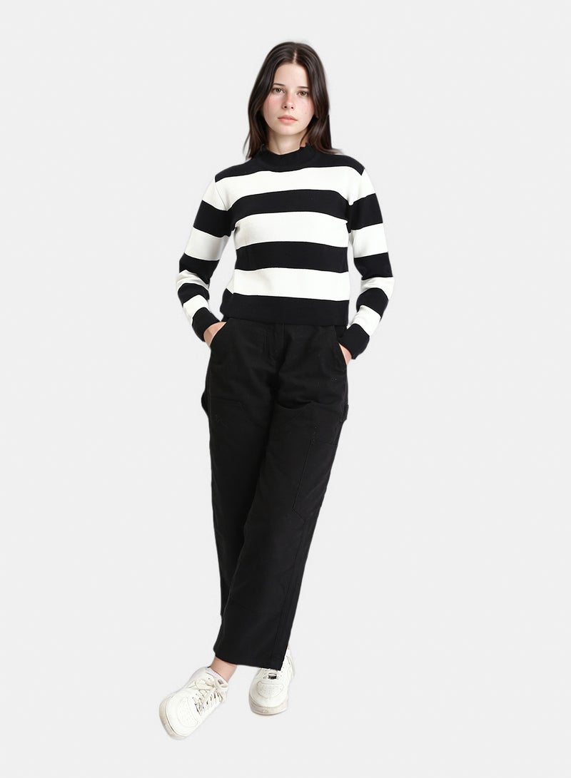 RAVIN Women Bi Tone Awning Striped Pullover Black White - Image 4