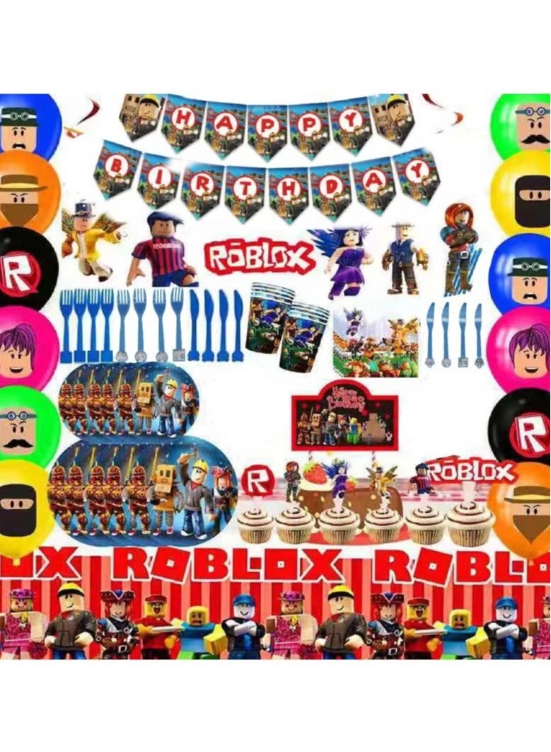 Party Supplies Decorations For Sandbox Game Theme Roblox with Tableware for 10 People, Cupcake Toppers,Happy Birthday Banner,Balloons - Image 1