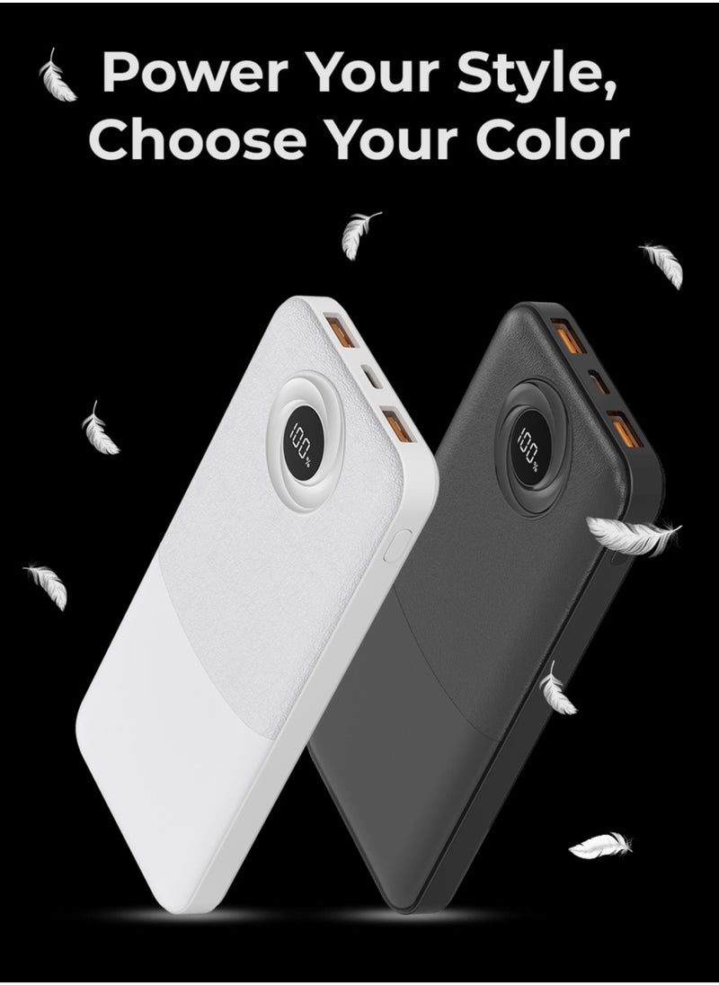 10000mAh Powerbank with PD 20W + QC 22.5W Fast Charging, Dual USB Output, and Digital Display (White)