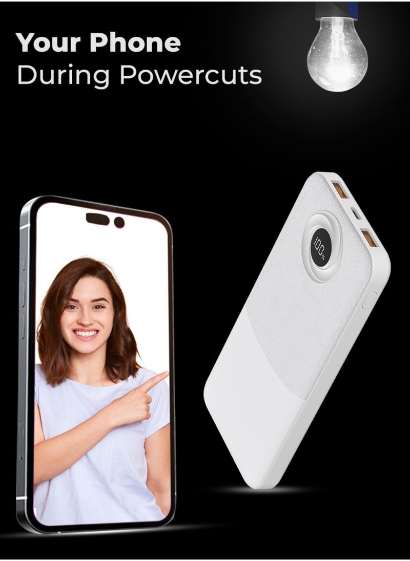 10000mAh Powerbank with PD 20W + QC 22.5W Fast Charging, Dual USB Output, and Digital Display (White)