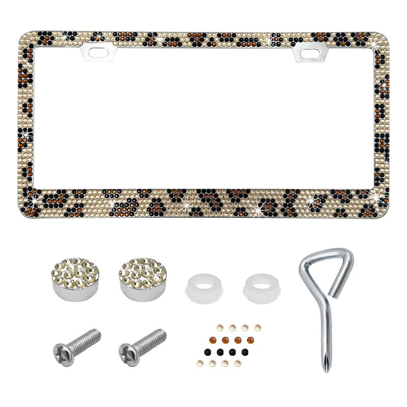 DXNQ Bling License Plate Frame Sparkly Rhinestone Diamond License Plate Cover with Crystal Screws Caps Glitter Crystal Stainless Steel License Plate Holder for Women Car Accessories Leopard - Image 3