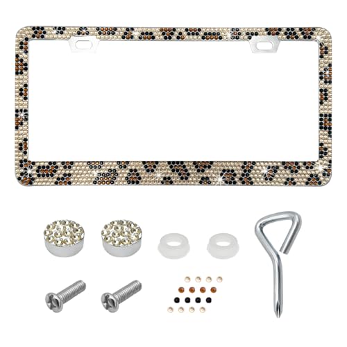 DXNQ Bling License Plate Frame Sparkly Rhinestone Diamond License Plate Cover with Crystal Screws Caps Glitter Crystal Stainless Steel License Plate Holder for Women Car Accessories Leopard - Image 1