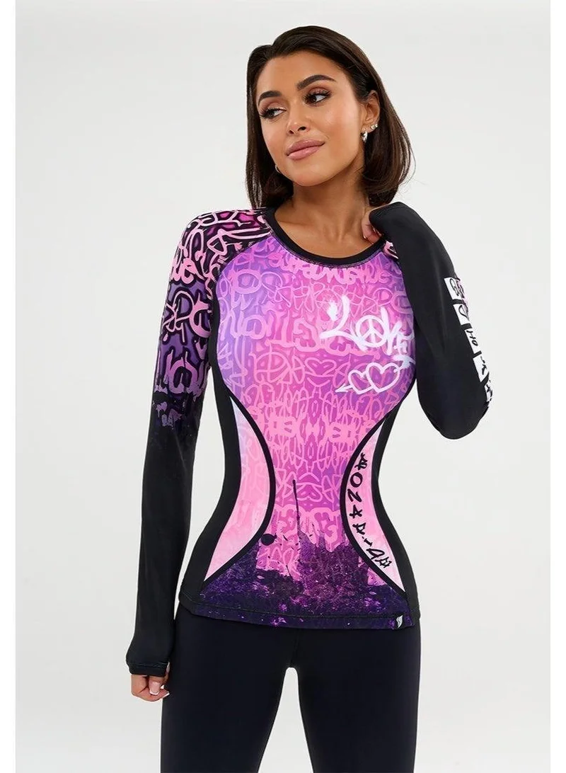 Bona Fide Rashguard Round Graffiti Rashguard Round Crop Long Sleeve Gym Top for Women for Women | Best Price UAE