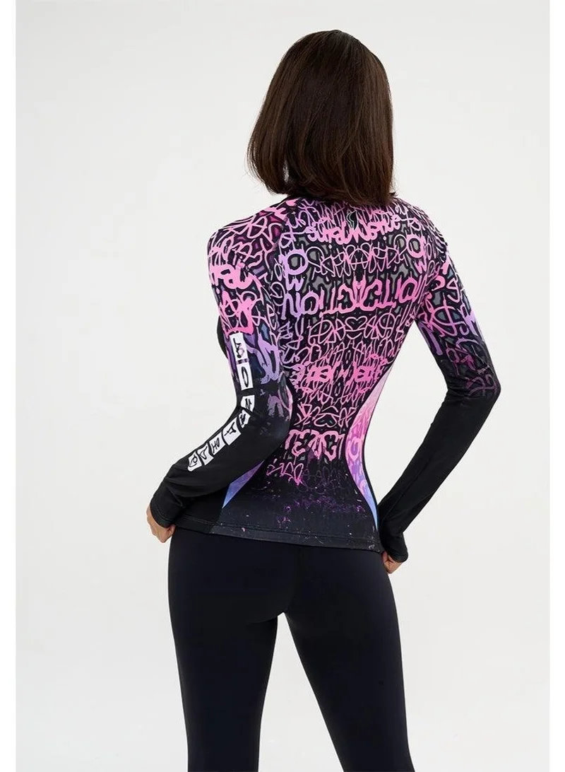 Bona Fide Rashguard Round Graffiti Rashguard Round Crop Long Sleeve Gym Top for Women for Women | Best Price UAE