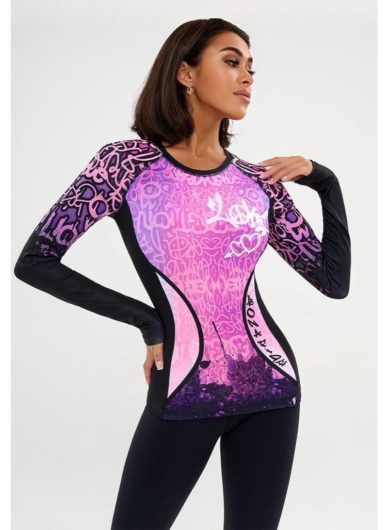 Bona Fide Rashguard Round Graffiti Rashguard Round Crop Long Sleeve Gym Top for Women for Women | Best Price UAE
