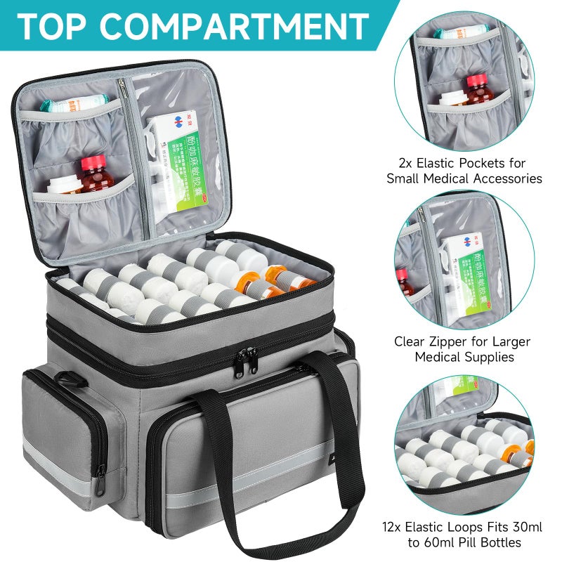 Jaffzora Large Pill Bottle Organizer, Double Layers Medicine Storage Bag with Lockable Zippers and Shoulder Strap,Medication Travel Bag for Prescription Bottles, Vitamins & Medical Supplies, Gray (Bag Only) - Image 3