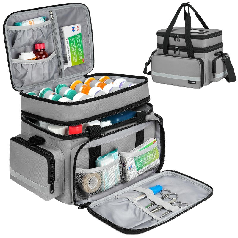 Jaffzora Large Pill Bottle Organizer, Double Layers Medicine Storage Bag with Lockable Zippers and Shoulder Strap,Medication Travel Bag for Prescription Bottles, Vitamins & Medical Supplies, Gray (Bag Only) - Image 1