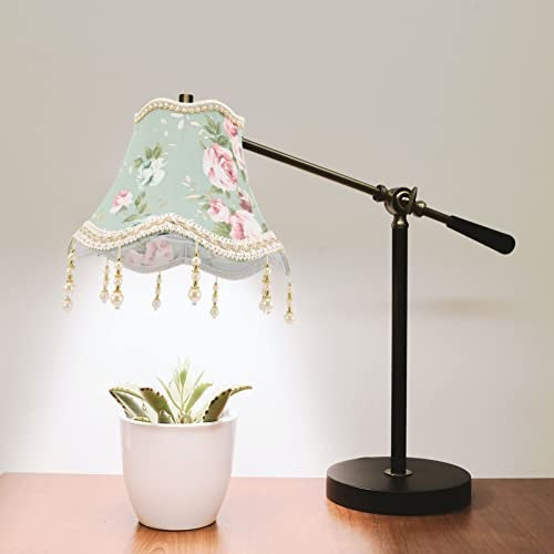 HOLIDYOYO Vintage European Lamp Shades Victorian Lampshades Royal Bell Shape Lampshade with Bead Lace and Fringe Scallop Bell Shape Spider Lamp Shade Replacement - Green - Image 3