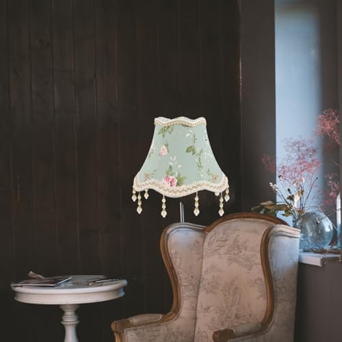 HOLIDYOYO Vintage European Lamp Shades Victorian Lampshades Royal Bell Shape Lampshade with Bead Lace and Fringe Scallop Bell Shape Spider Lamp Shade Replacement - Green - Image 2