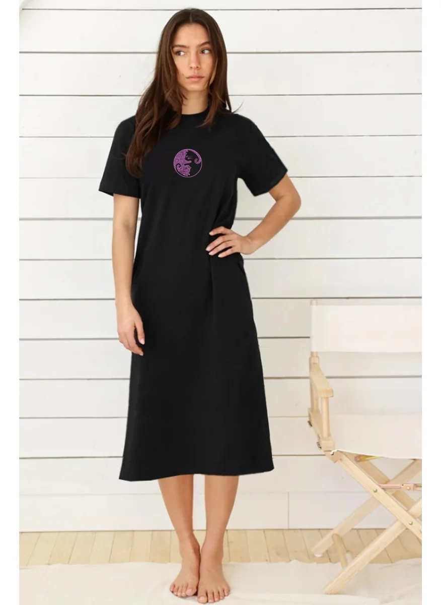 Rock&Roll Rock & Roll Balance Cats Black Short Sleeve Combed Cotton Long Dress