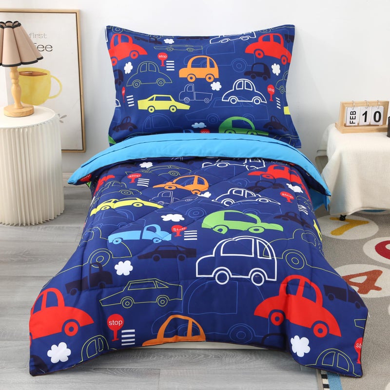 Wowelife Car Toddler Bedding Sets for Boys 4 Piece Blue Vehicle Kids Toddler Bed Sheet Sets Comforter Set for Boys with Comforter, Flat Sheet, Fitted Sheet and Pillowcase, Blue Car - Image 1