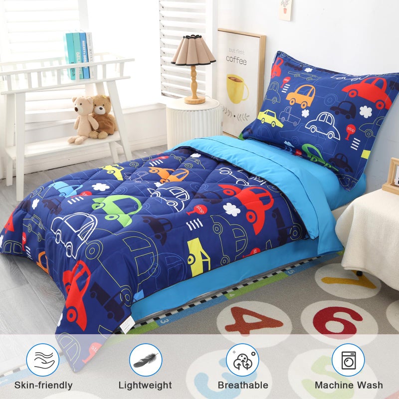 Wowelife Car Toddler Bedding Sets for Boys 4 Piece Blue Vehicle Kids Toddler Bed Sheet Sets Comforter Set for Boys with Comforter, Flat Sheet, Fitted Sheet and Pillowcase, Blue Car - Image 3
