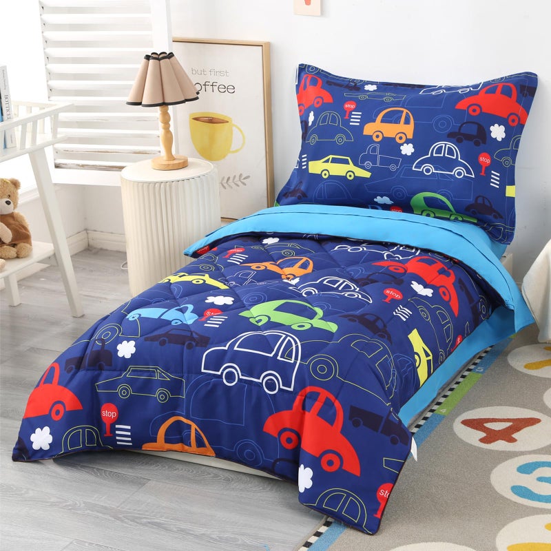 Wowelife Car Toddler Bedding Sets for Boys 4 Piece Blue Vehicle Kids Toddler Bed Sheet Sets Comforter Set for Boys with Comforter, Flat Sheet, Fitted Sheet and Pillowcase, Blue Car - Image 2