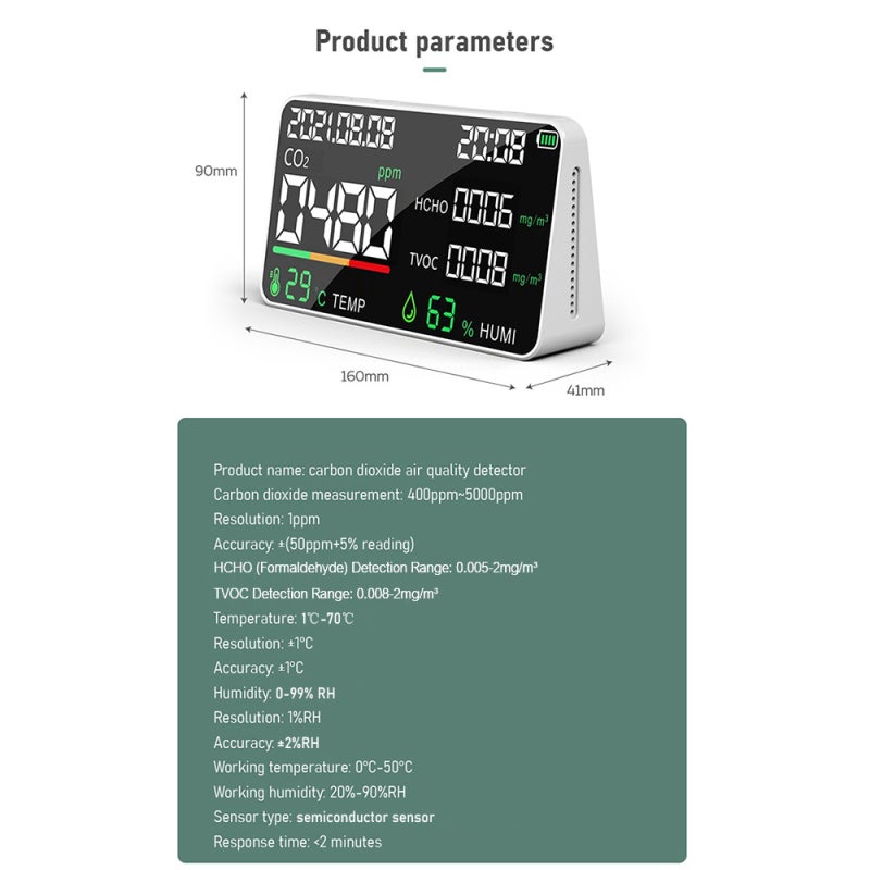5 in 1 Air Quality Monitor LED Digital CO2 HCHO TVOC Temperature Humidity Tester USB Rechargeable Indoor Carbon Dioxide Meter for Room Office Greenhouse Warehouse - Image 5