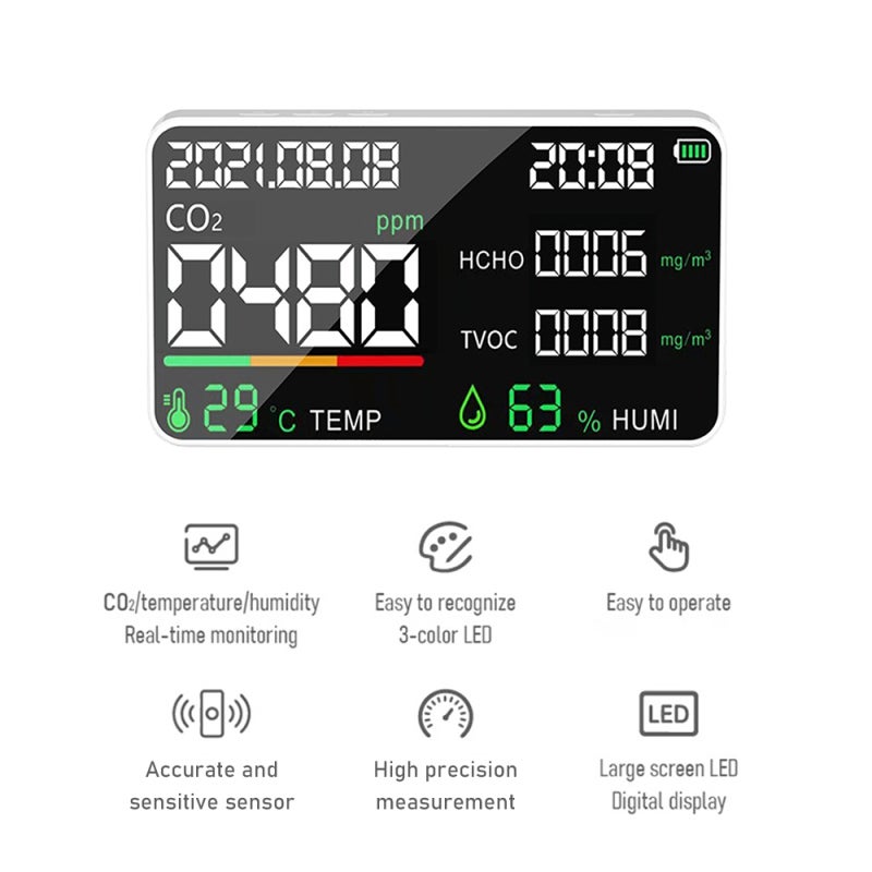 5 in 1 Air Quality Monitor LED Digital CO2 HCHO TVOC Temperature Humidity Tester USB Rechargeable Indoor Carbon Dioxide Meter for Room Office Greenhouse Warehouse - Image 4