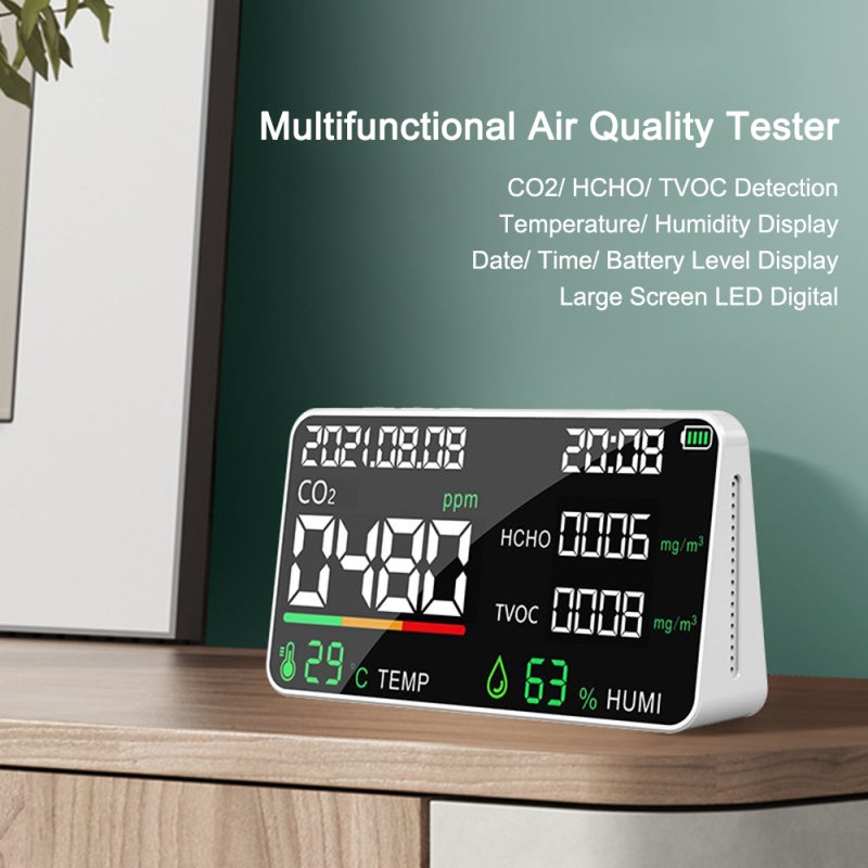 5 in 1 Air Quality Monitor LED Digital CO2 HCHO TVOC Temperature Humidity Tester USB Rechargeable Indoor Carbon Dioxide Meter for Room Office Greenhouse Warehouse - Image 3