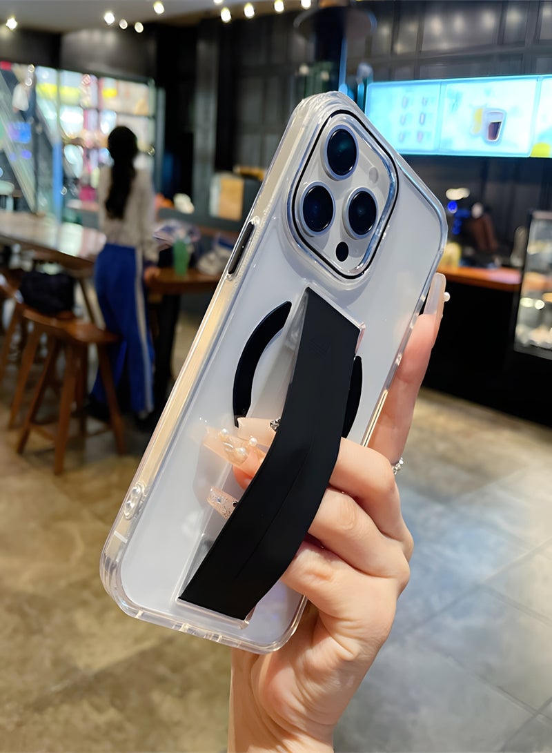 جراب ماجسيف مزود بحزام يد مرن لهاتف iPhone 12 Pro Max، غطاء شفاف يدعم الشحن اللاسلكي المغناطيسي، حماية من الصدمات، مقاوم للخدوش، جراب MagSafe شفاف لهاتف ايفون 12 برو ماكس - أسود - Image 3