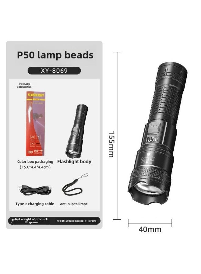 Super Light Rechargeable Flashlight Outdoor Patrol Spotlight Zoom Aurora Cannon Large Floodlight Cannon-Product Specifications:Digital Display + Zoom 800 + Output + P50 - Image 1