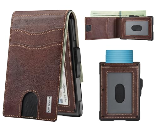 umoven Wallet for Men - Pop Up Case, Cash Slot, and Credit Card Slot - Slim Aluminum Wallet with RFID Blocking, Minimalist Leather Wallet Front Pocket with ID Window (Brown Red) - Image 1