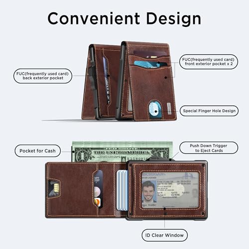 umoven Wallet for Men - Pop Up Case, Cash Slot, and Credit Card Slot - Slim Aluminum Wallet with RFID Blocking, Minimalist Leather Wallet Front Pocket with ID Window (Brown Red) - Image 2