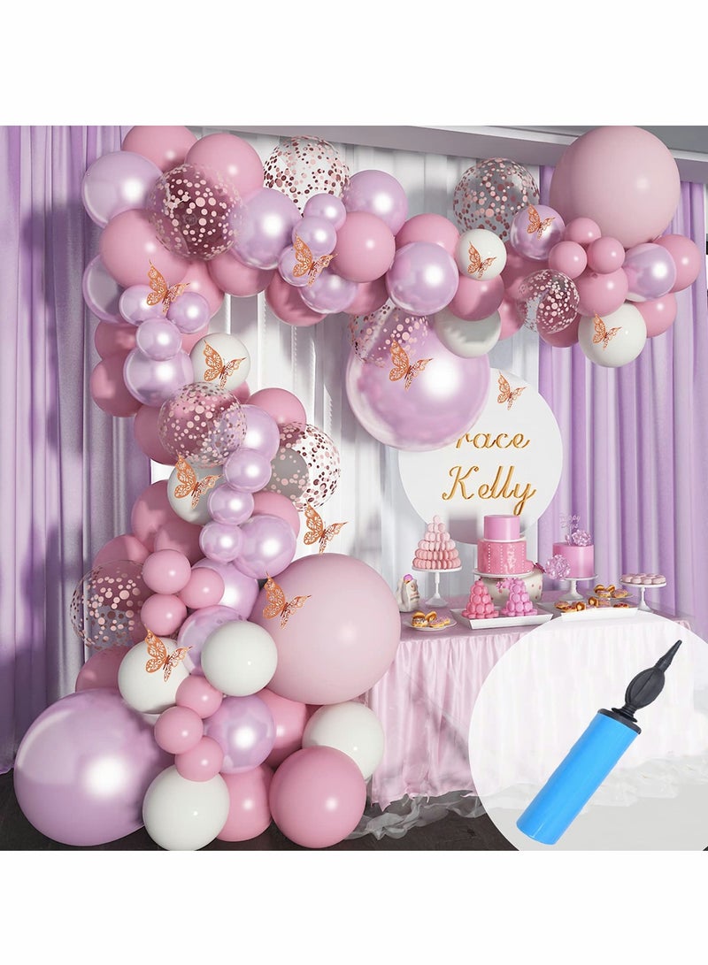 Excefore زينة استحمام الأطفال للبنات TERRIFI 140 قطعة باقة بالونات وردية ملصقات فراشة 18 إن 12 إن 10 إن 5 إن ليلك أرجواني كروم وردي ذهبي كيت قوس البالونات لحفلة عيد ميلاد الفتاة - Image 1