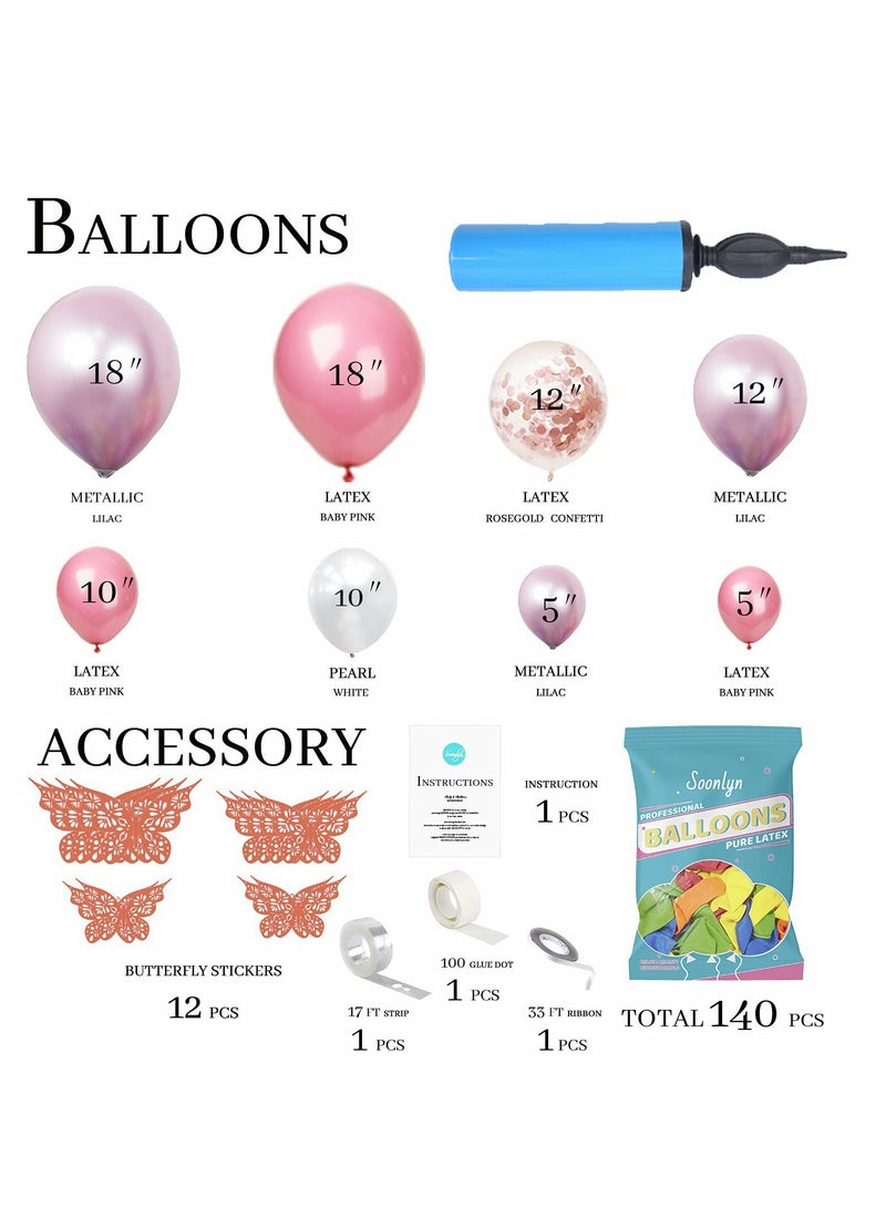 Excefore زينة استحمام الأطفال للبنات TERRIFI 140 قطعة باقة بالونات وردية ملصقات فراشة 18 إن 12 إن 10 إن 5 إن ليلك أرجواني كروم وردي ذهبي كيت قوس البالونات لحفلة عيد ميلاد الفتاة - Image 4