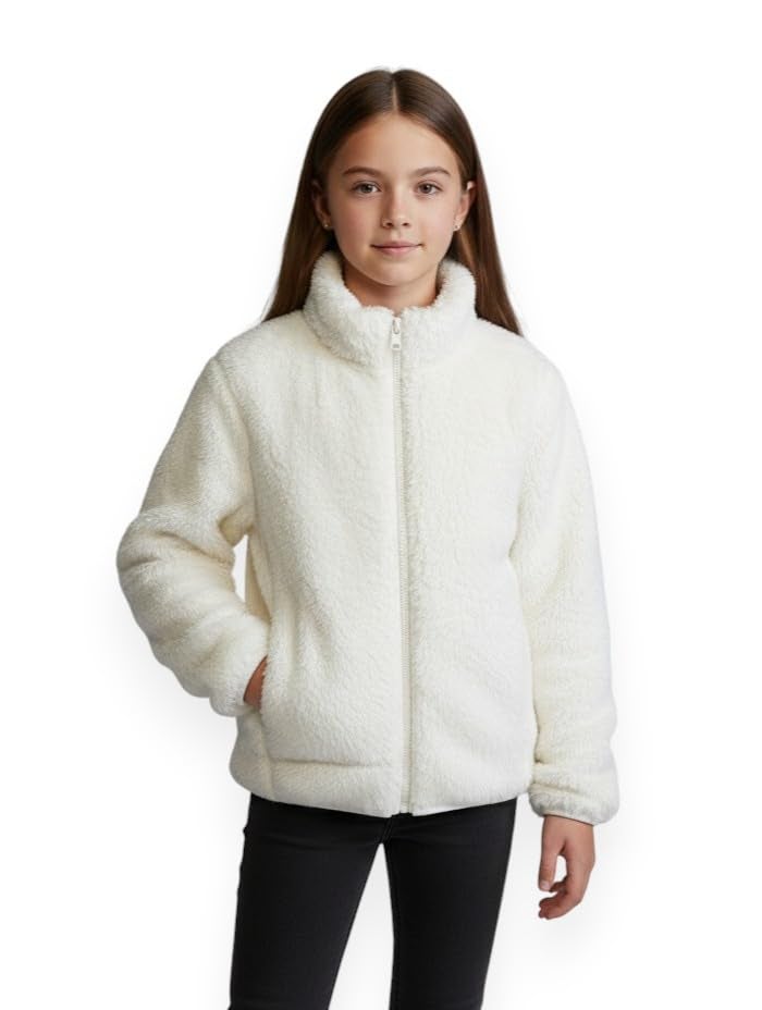 Alan Jones Clothing Girls Furry Fleece Full-Zip Jacket | Soft Fluffy Winter Wear | Cozy Warm Outerwear with Chin Guard & Easy Pull Zipper (Off-White_4-5 Years) - Image 1