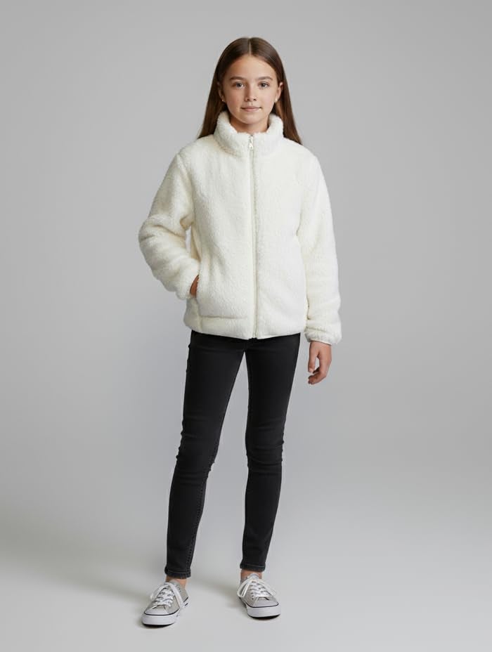 Alan Jones Clothing Girls Furry Fleece Full-Zip Jacket | Soft Fluffy Winter Wear | Cozy Warm Outerwear with Chin Guard & Easy Pull Zipper (Off-White_4-5 Years) - Image 5