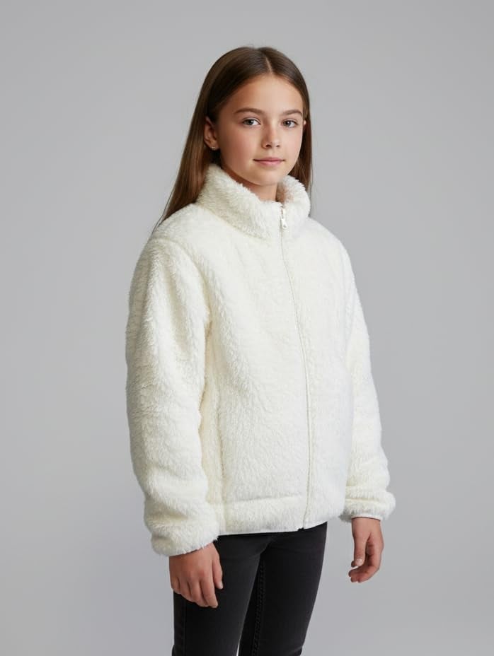 Alan Jones Clothing Girls Furry Fleece Full-Zip Jacket | Soft Fluffy Winter Wear | Cozy Warm Outerwear with Chin Guard & Easy Pull Zipper (Off-White_4-5 Years) - Image 3