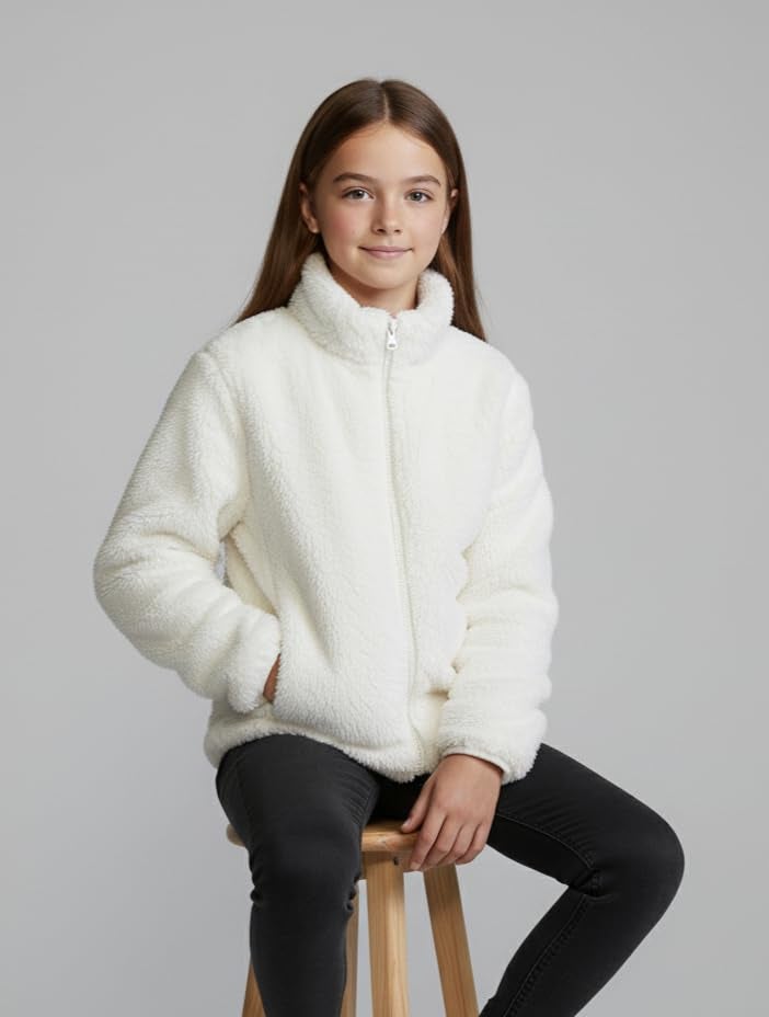 Alan Jones Clothing Girls Furry Fleece Full-Zip Jacket | Soft Fluffy Winter Wear | Cozy Warm Outerwear with Chin Guard & Easy Pull Zipper (Off-White_4-5 Years) - Image 2