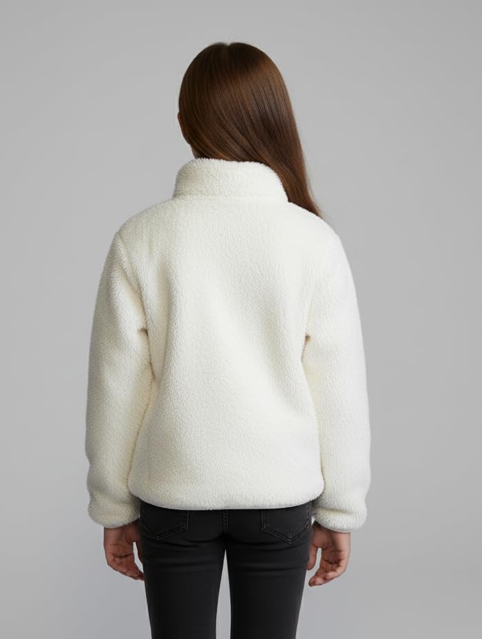 Alan Jones Clothing Girls Furry Fleece Full-Zip Jacket | Soft Fluffy Winter Wear | Cozy Warm Outerwear with Chin Guard & Easy Pull Zipper (Off-White_4-5 Years) - Image 4