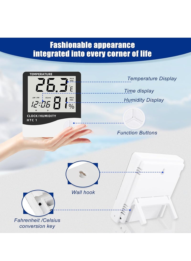 KIIUMI - Digital Humidity Meter，Indoor Outdoor Temperature Thermometer，Humidity Monitor with LCD Alarm Clock, Humidity Meter For House Home Greenhouse White - Image 1