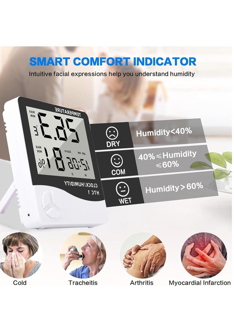 KIIUMI - Digital Humidity Meter，Indoor Outdoor Temperature Thermometer，Humidity Monitor with LCD Alarm Clock, Humidity Meter For House Home Greenhouse White - Image 1