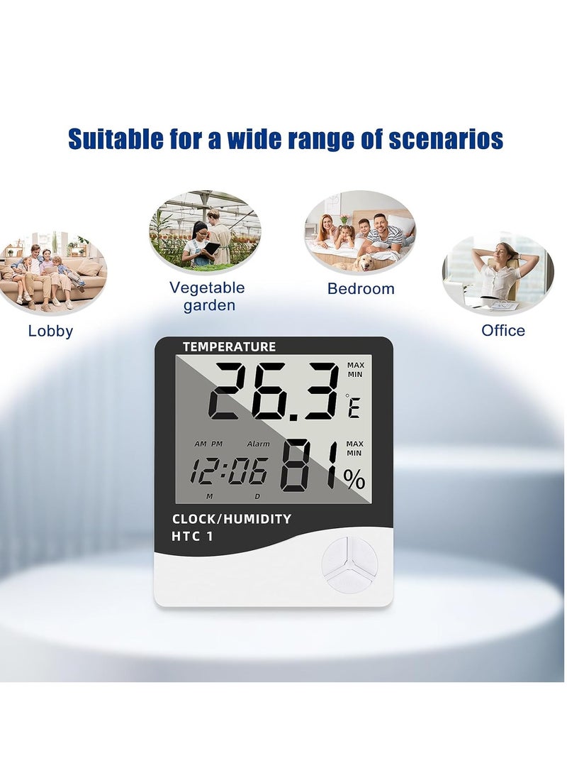 KIIUMI - Digital Humidity Meter，Indoor Outdoor Temperature Thermometer，Humidity Monitor with LCD Alarm Clock, Humidity Meter For House Home Greenhouse White - Image 1