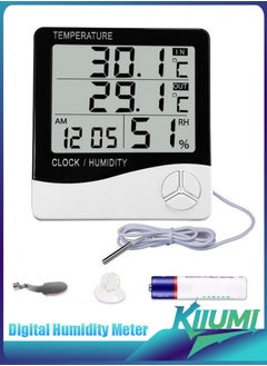 Digital Humidity Meter，Indoor Outdoor Temperature Thermometer，Humidity Monitor with LCD Alarm Clock, Humidity Meter For House Home Greenhouse White