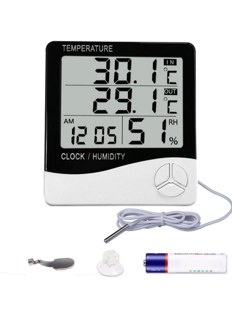 KIIUMI - Digital Humidity Meter，Indoor Outdoor Temperature Thermometer，Humidity Monitor with LCD Alarm Clock, Humidity Meter For House Home Greenhouse White - Image 1