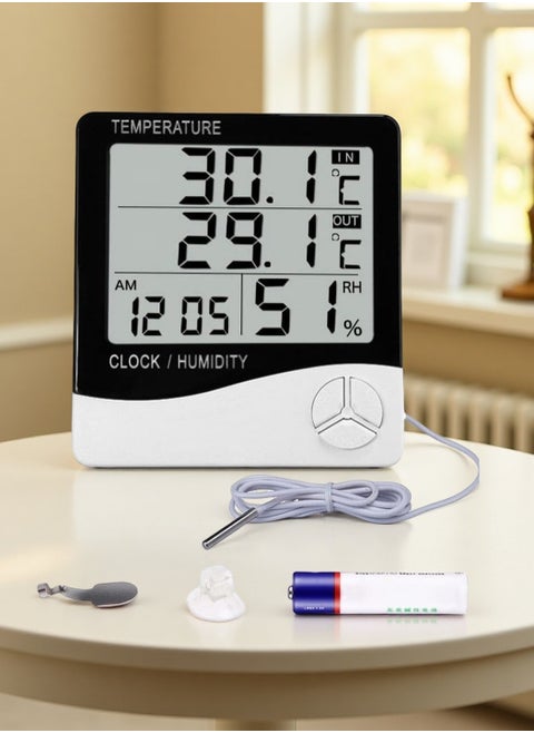 Digital Humidity Meter，Indoor Outdoor Temperature Thermometer，Humidity Monitor with LCD Alarm Clock, Humidity Meter For House Home Greenhouse White