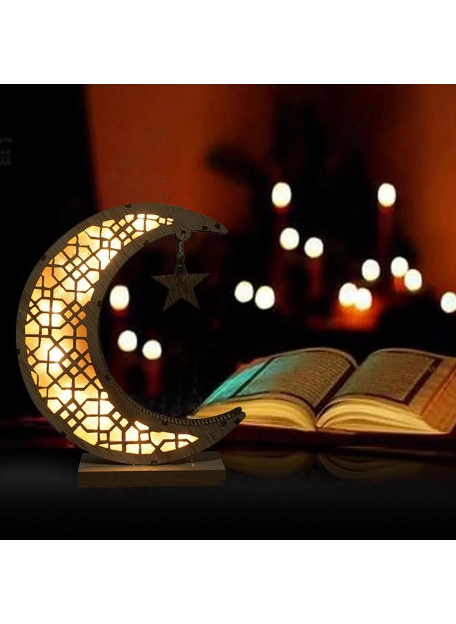 Generic - زينة رمضان عيد مبارك خشبية على شكل قمر ضوء ليلي LED إسلامي رمضاني طاولة حرفية ديكور سطح المكتب للمهرجان والحفلات المنزلية - Image 1