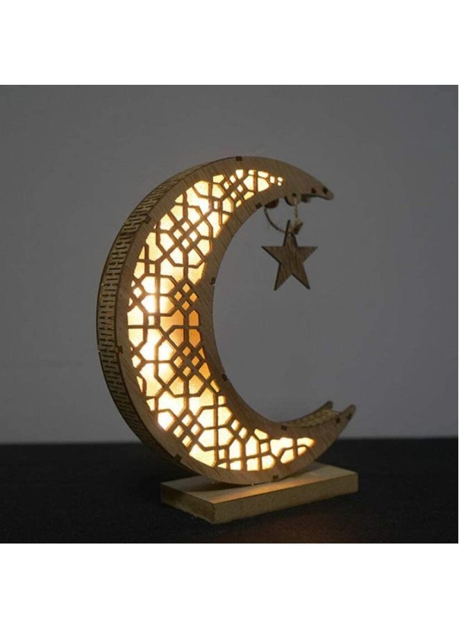 Generic - زينة رمضان عيد مبارك خشبية على شكل قمر ضوء ليلي LED إسلامي رمضاني طاولة حرفية ديكور سطح المكتب للمهرجان والحفلات المنزلية - Image 1