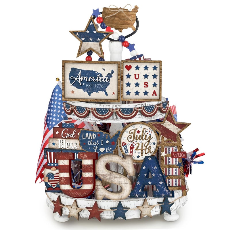 Anglechic 25 Pcs 4th of July Tiered Tray Decorations Set Wood Patriotic Tiered Tray Decor American Flag Star 4th of July Tray Decor Red White Blue Rustic Farmhouse Decor for Independence Day (Rustic) - Image 1