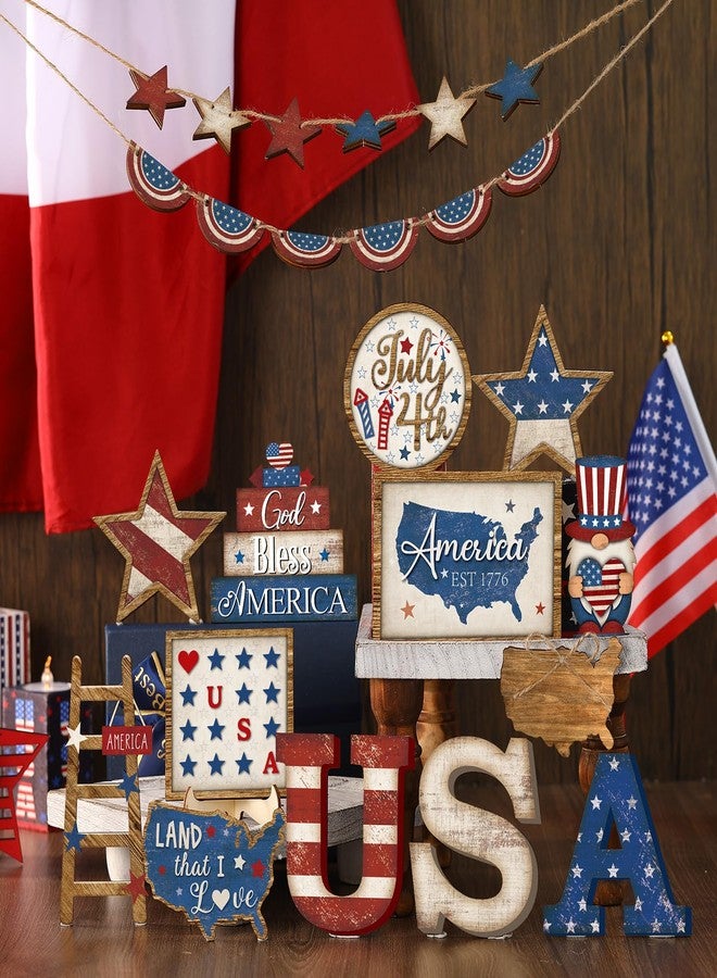 Anglechic 25 Pcs 4th of July Tiered Tray Decorations Set Wood Patriotic Tiered Tray Decor American Flag Star 4th of July Tray Decor Red White Blue Rustic Farmhouse Decor for Independence Day (Rustic) - Image 2
