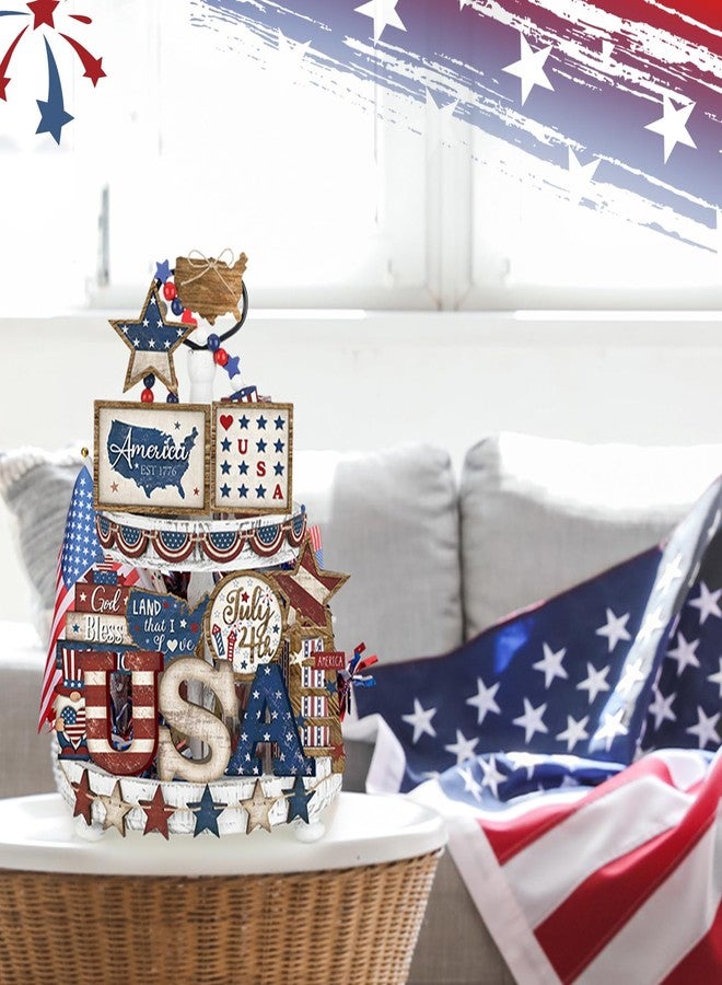 Anglechic 25 Pcs 4th of July Tiered Tray Decorations Set Wood Patriotic Tiered Tray Decor American Flag Star 4th of July Tray Decor Red White Blue Rustic Farmhouse Decor for Independence Day (Rustic) - Image 5