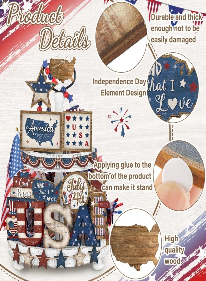 Anglechic 25 Pcs 4th of July Tiered Tray Decorations Set Wood Patriotic Tiered Tray Decor American Flag Star 4th of July Tray Decor Red White Blue Rustic Farmhouse Decor for Independence Day (Rustic) - Image 3
