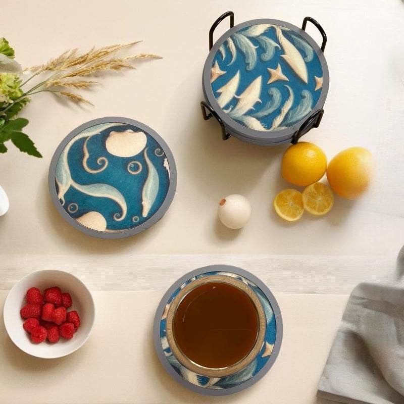 MECOWON Absorbent Coasters for Drinks with Holder - 6packs  Silicone Coasters with Soft Felt Insert (4.3 inch Coasters with 4.5 inch Holder  Dual-Sided Ocean -Themed Patterns) - Image 5