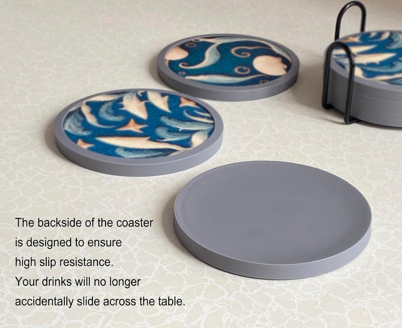 MECOWON Absorbent Coasters for Drinks with Holder - 6packs  Silicone Coasters with Soft Felt Insert (4.3 inch Coasters with 4.5 inch Holder  Dual-Sided Ocean -Themed Patterns) - Image 3