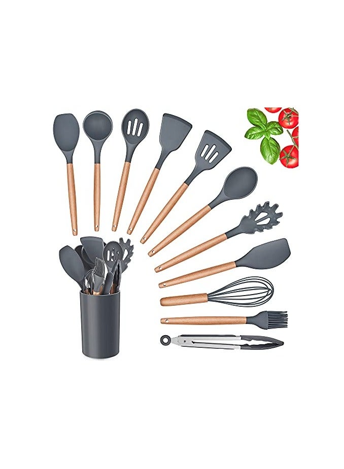 erorex Kitchen Utensils Set, Herogo 12 Piece Silicone Utensil with Holder, Heat Resistant Cooking Utensils with Wooden Handle for Non Stick Cookware Pans, Silicone Kitchen Gadgets Tool Set, Grey - Image 1